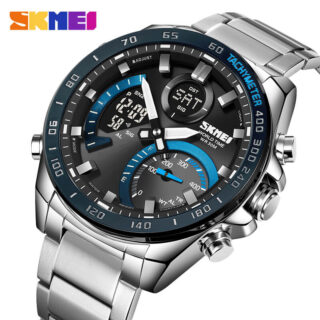 SKMEI 1889 Multifunctional Dual Display Watch Men Countdown Chronograph LED Light Stainless Steel - Silver/Blue