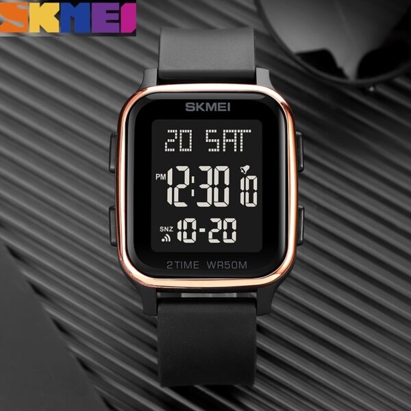 SKMEI 1858 Fashion LED Light Digital Rectangle Shape Complete Calendar Wristwatch For Men - RoseGold/Black