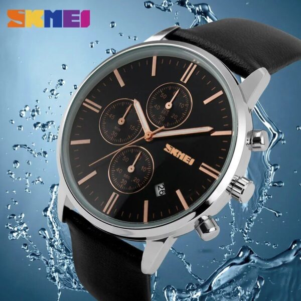 SKMEI 9103 Men's Classic Casual Chronograph Leather Strap Multifunction Date Indicator Quartz Watch - Black