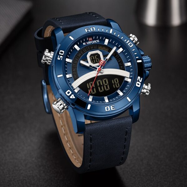 NAVIFORCE NF9181 Dual Time Luxury Series Digital Analog Function Leather Watch For Men - Blue