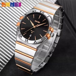 SKMEI 9257 Business Casual Roman Numeral Date Display Stainless Steel Wristwatch For Men - Silver/RoseGold