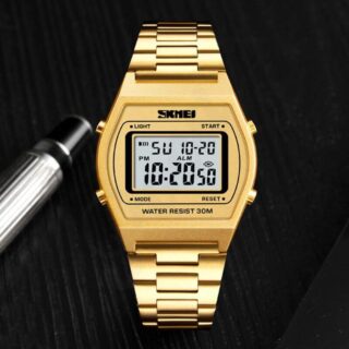 SKMEI 1328 Fashion Classic Unisex Count Down Waterproof Stainless Steel Digital LCD Alarm Clock Hours Watch Golden