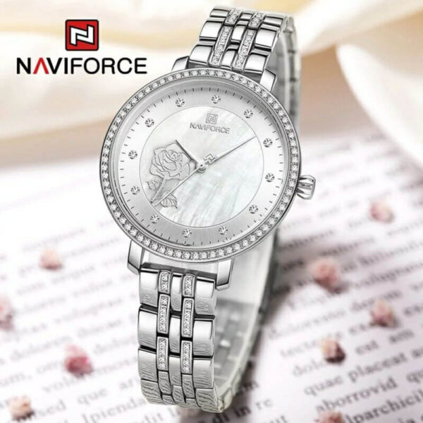 NAVIFORCE NF5017 Casual Diamond Surrounded Stainless Steel Rose Relief Watch For Women - Silver