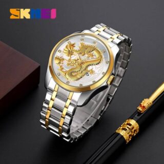 SKMEI 9193 Dragon Quartz Luxury Stainless Steel Alloy Business Waterproof Wristwatches For Men - Silver