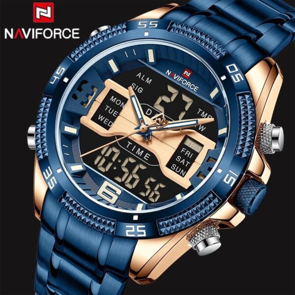 NAVIFORCE NF9201 Men's Digital Analog Stainless Steel Complete Calendar Watch - Blue/RoseGold