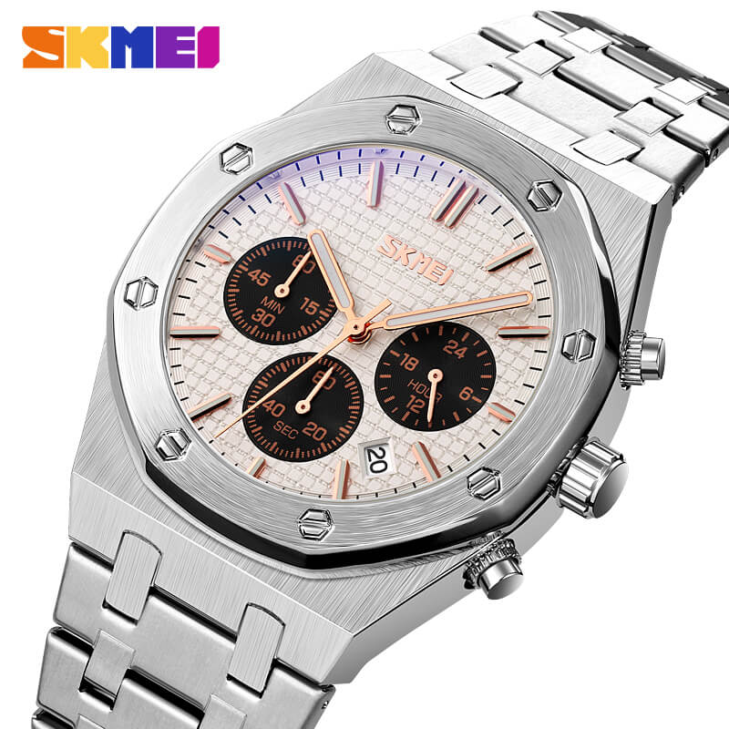 SKMEI 9296 Classic Chronograph Stainless Steel Watch For Men - Silver/White