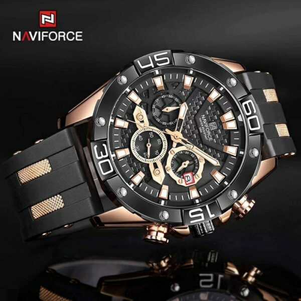 NAVIFORCE NF8019T Men's Multifunction Luminous Silicone Strap Chronograph Quartz Watch - Black/RoseGold