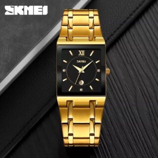 SKMEI 9263 Luxury Men Watch Rectangle Shape Date Display Stainless Steel Quartz Watch - Black/Golden