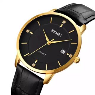 SKMEI 1801 Men's Business Calendar Leather Strap Classic Diamond Quartz Watch - Black/Golden