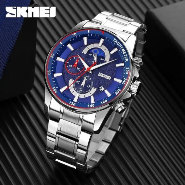 SKMEI 9250 Men's Watch Multifunction Moonphase Creative Design Chronograph Date Display Stainless Steel - Blue/Silver