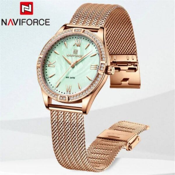 NaviForce NF5028 Women's Fashion Rhinestone Surrounded Roman Numeral Index Mesh Stainless Steel Quartz Watch - RoseGold/Green