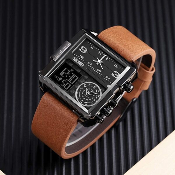 SKMEI 1584 Men's Multifunction Square Dial Digital Analog LED Chronograph Leather Strap Wristwatch - Brown/Black