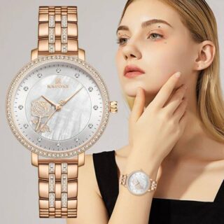 NAVIFORCE NF5017 Casual Diamond Surrounded Stainless Steel Rose Relief Watch For Women -Golden