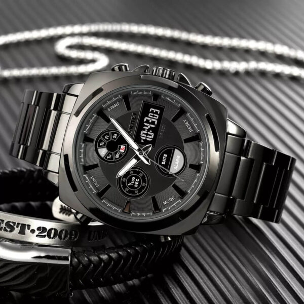 Skmei 1673 Business Dual Display Men Watch Stainless Steel Multifunction Fashion LED Light - Black