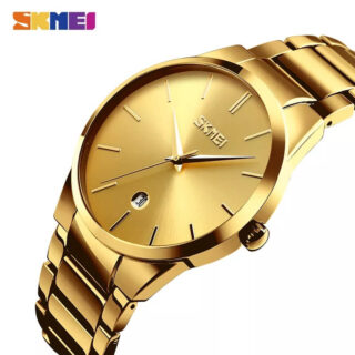 SKMEI 9140 Men's Business Stainless Steel Date Display Ultra Thin Quartz Watch - Golden