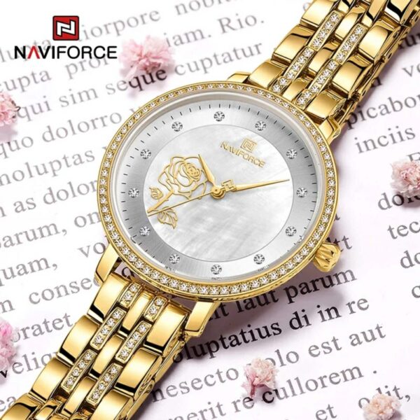 NAVIFORCE NF5017 Casual Diamond Surrounded Stainless Steel Rose Relief Watch For Women