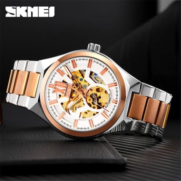 Skmei 9258 Fashion Mechanical Hollow Dial Luxury Stainless Steel Automatic Luminous Men Watch - RoseGold/White