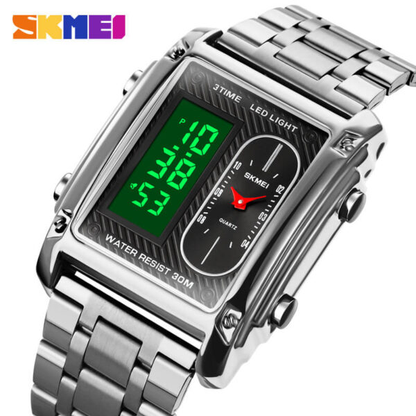 SKMEI 1868 Men Watch Casual Rectangle Dial Stopwatch Digital Analog Luminous Stainless Steel - Silver