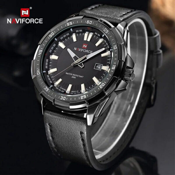 NAVIFORCE NF9056 Men's Casual Leather Strap Quartz Watch -Black