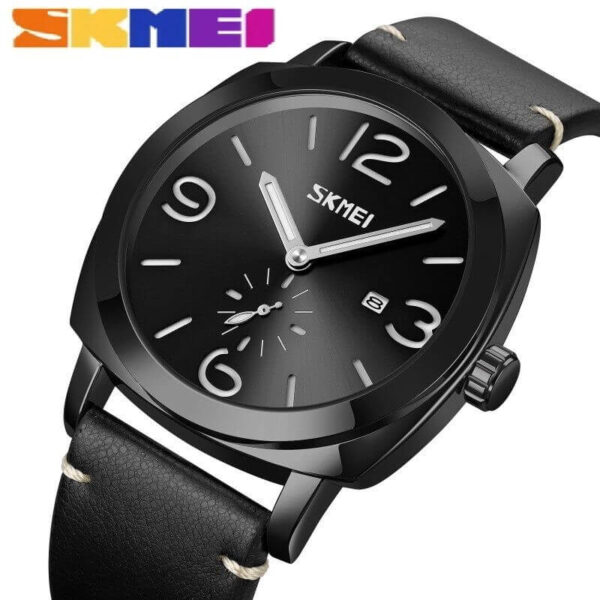 SKMEI 9305 Men's Casual Date Function Leather Strap Quartz Wristwatch - Black