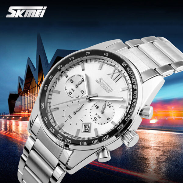 SKMEI 9096 Men's Business Full Stainless Steel Analog Date Display Chronograph Wristwatch - Silver