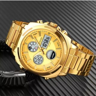 Skmei 1673 Business Dual Display Men Watch Stainless Steel Multifunction Fashion LED Light - Golden