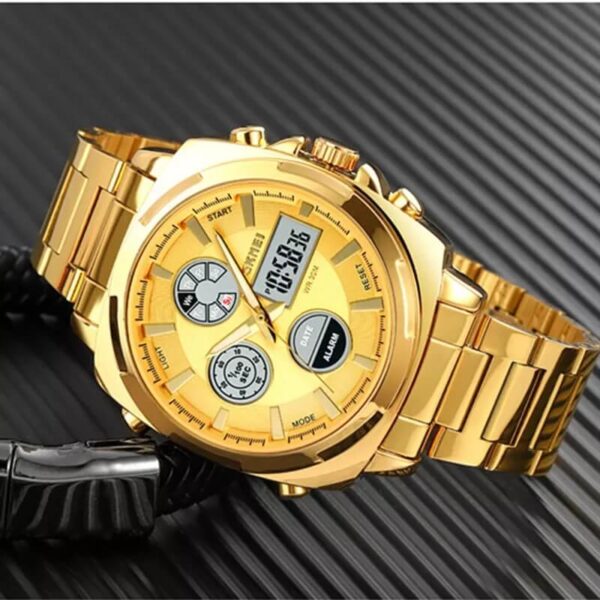 Skmei 1673 Business Dual Display Men Watch Stainless Steel Multifunction Fashion LED Light - Golden