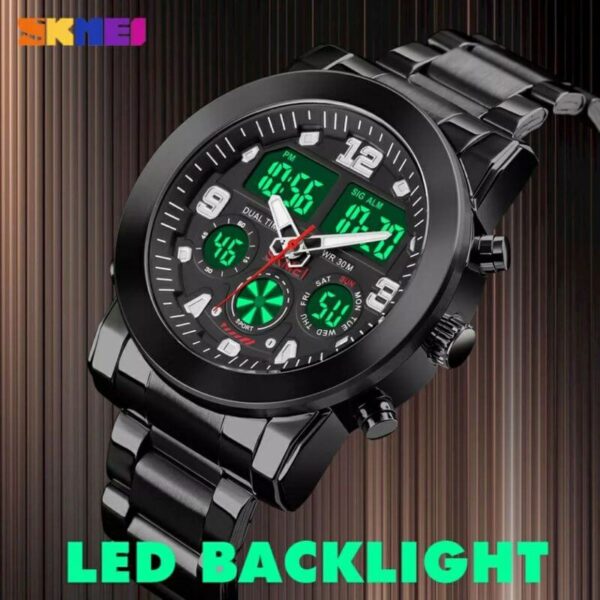 SKMEI 1642 Men's Business Chronograph LED Digital Analog Stainless Steel Wrist Watch - Black