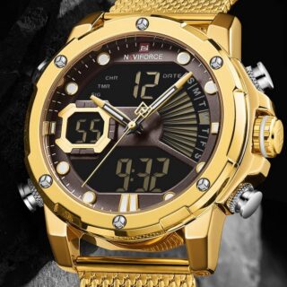 NaviForce NF9172 Dual Time Digital Analog Stainless Steel Mesh Watch for Men - Golden