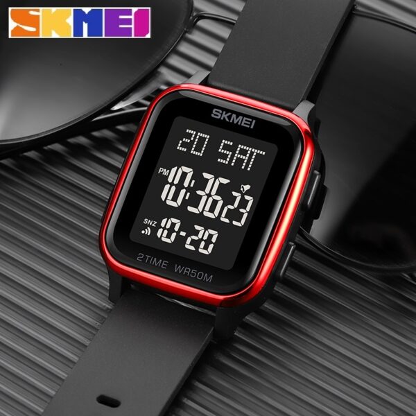 SKMEI 1858 Fashion LED Light Digital Rectangle Shape Complete Calendar Wristwatch For Men - Red/Black