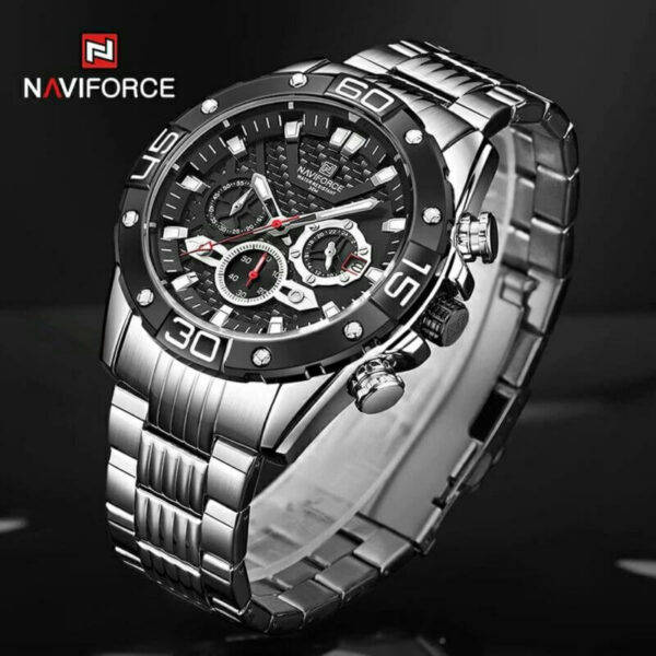 NAVIFORCE NF8019 Men's Stainless Steel Multifunction Luminous Chronograph Quartz Watch - Black/Silver