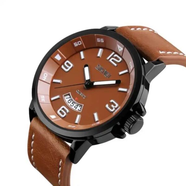 SKMEI 9115 Men's Casual Date Display Leather Strap Luminous Quartz Watch - Coffee/Brown