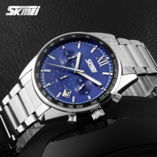 SKMEI 9096 Men's Business Full Stainless Steel Analog Date Display Chronograph Wristwatch - Silver/Blue