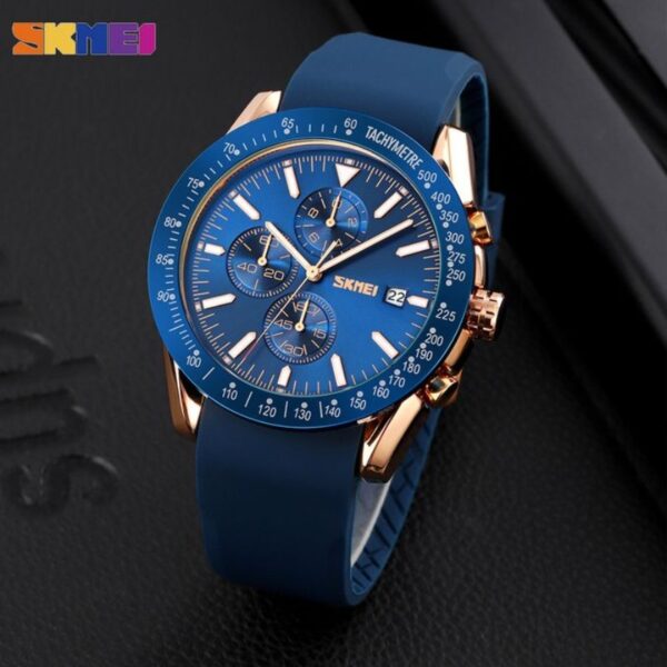 SKMEI 9253 Men's Top Luxury Chronograph Multifunction Silicone Strap Quartz Movement Watch - RoseGold/Blue