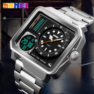 SKMEi 1392 Multifunction Digital Analog Square Stainless Steel Fashion Watch For Men - Silver