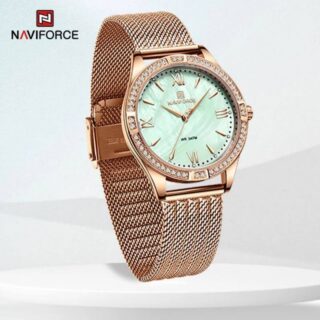 NaviForce NF5028 Women's Fashion Rhinestone Surrounded Roman Numeral Index Mesh Stainless Steel Quartz Watch - RoseGold/Green