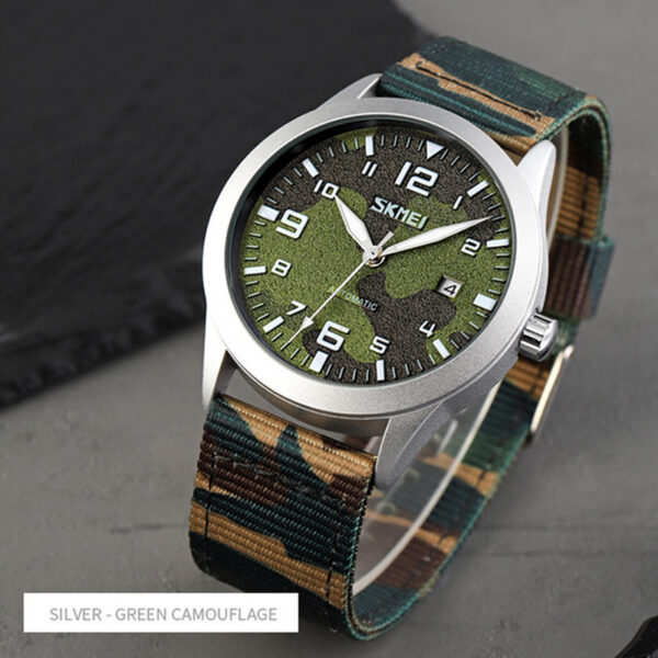 SKMEI 9246 Men Watch Automatic Mechanical Hollow Dial Luminous Nylon Strap Date Display - Camuoflage Green/Silver