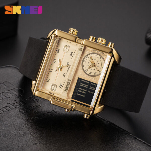 SKMEI 1584 Men's Multifunction Square Dial Digital Analog LED Chronograph Leather Strap Wristwatch - Black/Golden