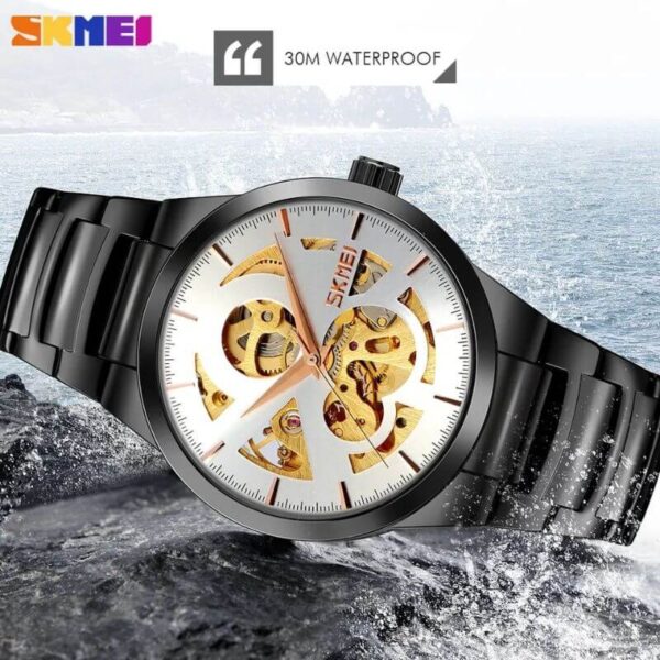 SKMEI 9243 Casual Men's Automatic Mechanical Fashion Hollow Dial Stainless Steel Strap Watch - Black/White