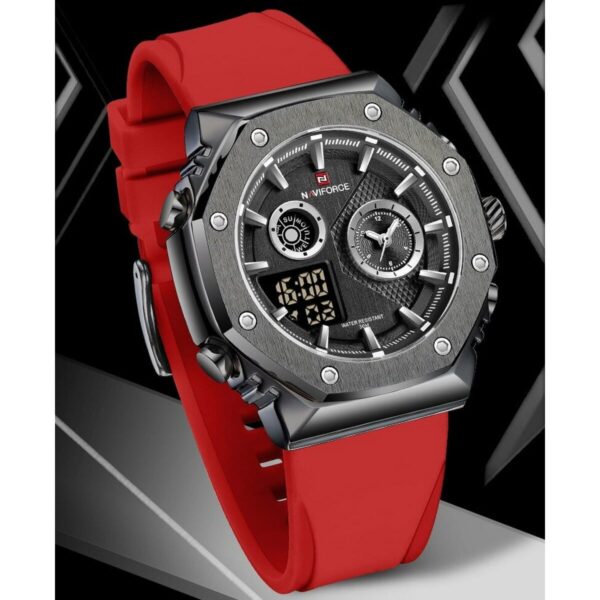 NaviForce NF9216 Men's Dynamic Dual Display Polygonal Bezel Luminous Silicone Strap Watch - Red