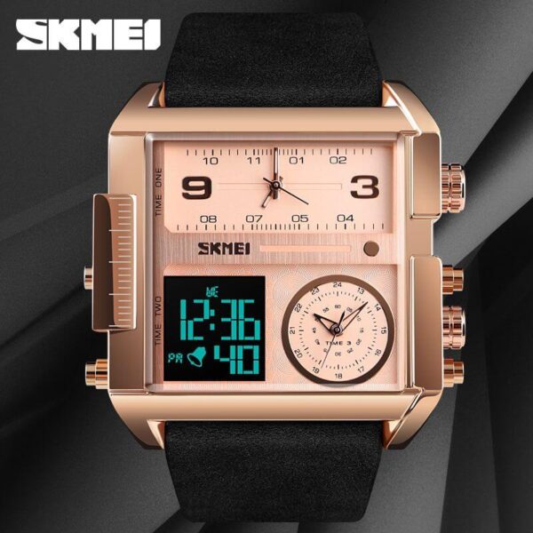 SKMEI 1584 Men's Multifunction Square Dial Digital Analog LED Chronograph Leather Strap Wristwatch - RoseGold/Black