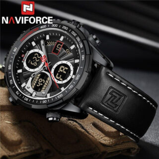 NAVIFORCE NF9197 New Men's Business Day Date Function Analog Digital Leather Strap Wristwatch - Black