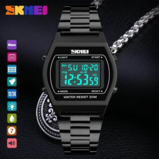 SKMEI 1328 Fashion Classic Unisex Count Down Waterproof Stainless Steel Digital LCD Alarm Clock Hours Watch - Black