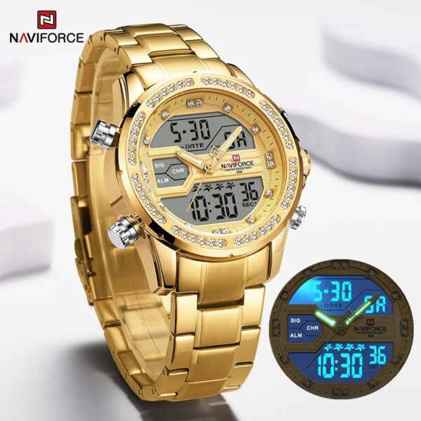 NaviForce NF9190 Dual Time MultiFunction Luxury Stainless Steel Watch - Golden