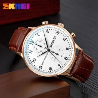 SKMEI 9301 Men Watch Fashion Luxury Chronograph Date Function Numeral Index Leather Strap Quartz - White/Brown