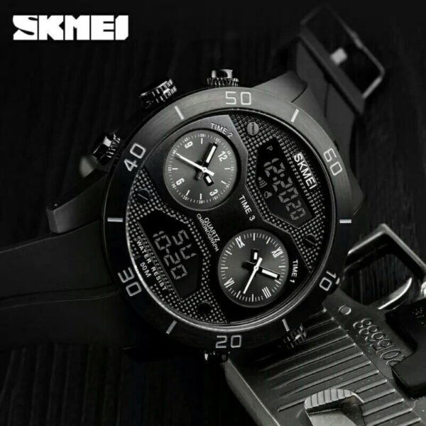 SKMEI 1355 Men's Chronograph Multifunction 3Time Display Analog Digital PU Starp Watch - Black