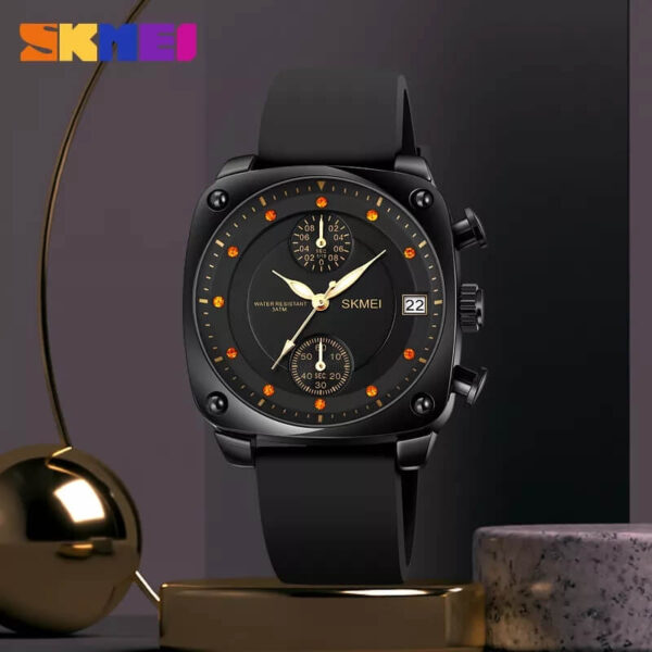 SKMEI 1903 Retro Personality Fashion Rhinestone Chronograph Leather Strap Watch For Men - Black