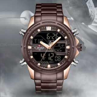 NAVIFORCE NF9138 Digital Analog Dual Movement Stainless Steel Watch-Coffee/RoseGold