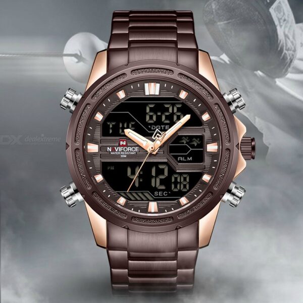 NAVIFORCE NF9138 Digital Analog Dual Movement Stainless Steel Watch-Coffee/RoseGold