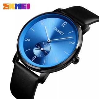 SKMEI 1398 Casual Simple Slim Round Dial Leather Strap Quartz Watch For Men - Blue